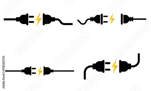 Electric plug and socket illustration set with lightning symbol and power connection design
