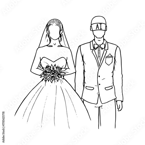 human bride and groom with an AI robot on the display instead of a face - a hand drawn doodle illustration. An AI wedding, a metaphor for the close integration of AI into everyday life.