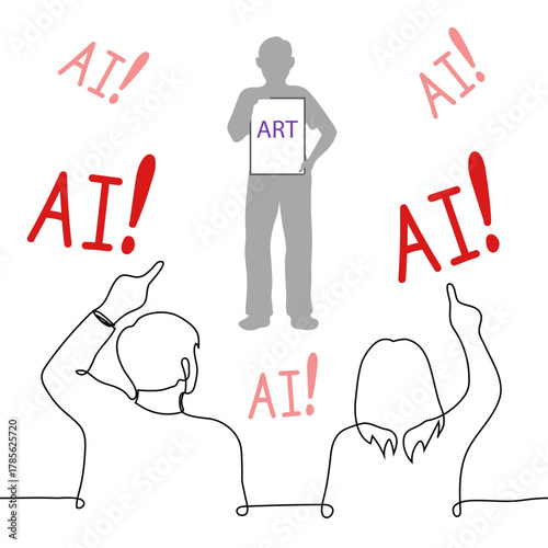 male artist shows off his art and people shout "AI!" - one-line art vector. A man is accused of using AI or taking credit for AI results.