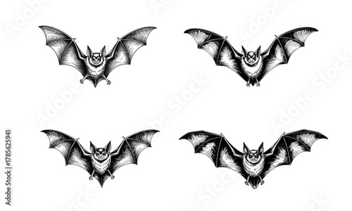 Flying bat illustration set with open wings and gothic style design on white background
