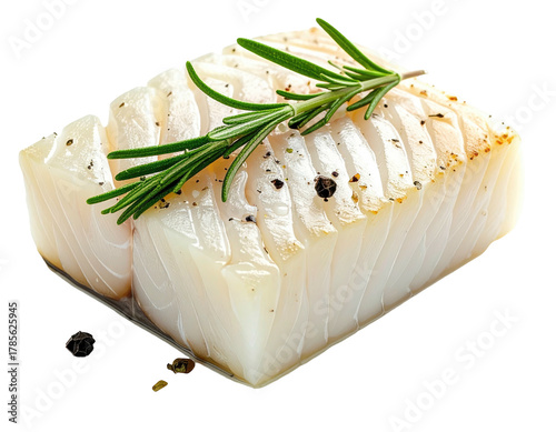 A cooked white fish fillet with herbs and pepper; isolated against black