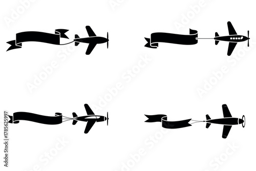 Silhouette airplanes towing blank banners for advertising and message design isolated on white background
