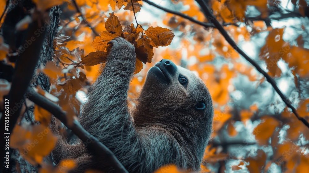 Naklejka premium A sloth explores colorful autumn foliage. The creature moves slowly, enjoying the vibrant leaves around it. Nature showcases a blend of colors and life. Generative AI