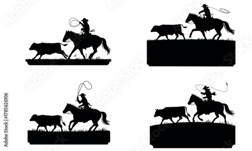 Cowboy riding horse and lassoing cattle illustration
