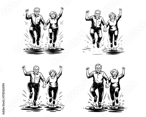 Elderly couple running in water illustration symbol of joy and love
