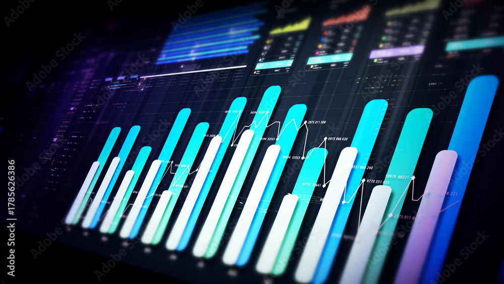 Fototapeta premium Futuristic financial trading dashboard motion background with glowing charts, analytics interface, stock market graphs, and real-time fintech data visualization design