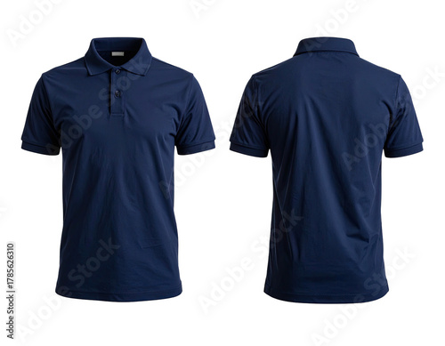 Navy blue polo shirt displayed front and back, isolated on a black background
