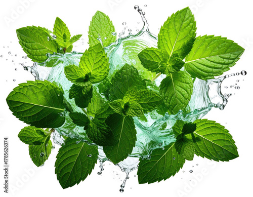 Fresh mint leaves amidst water splash, clear droplets with vibrant green against black