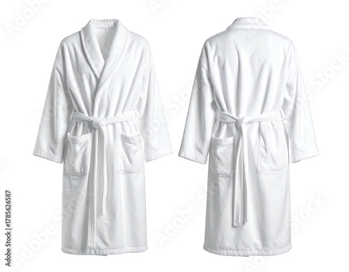 Front and back view of a plush, white robe with a tied belt