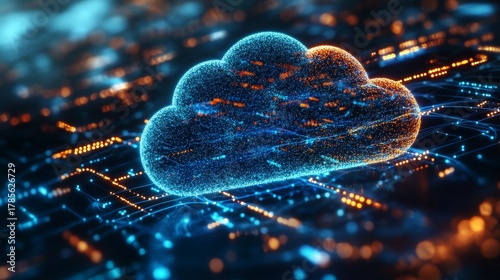 Futuristic cloud technology illustrated through glowing networks. Digital transformation thrives on cloud services. Embrace innovation to enhance your systems. Generative AI