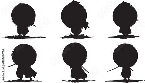 Samurai Silhouette Against Red Sun Vector Set