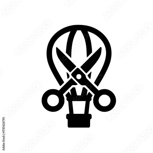 scissors icon on hot air balloon representing breakaway idea and whimsical flight design