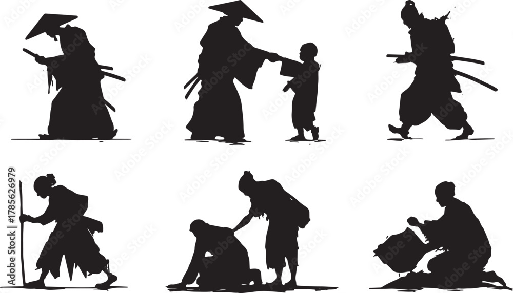 Obraz premium Benevolent Samurai Helping Villager Silhouette Set