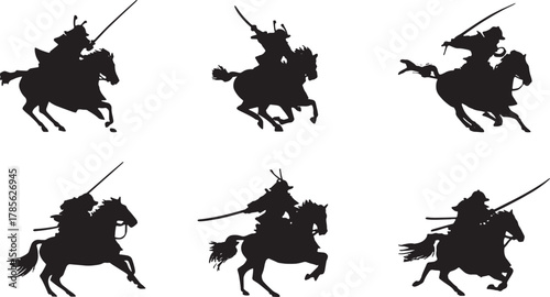 Samurai on Horseback Silhouette Vector Set