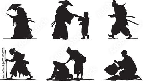 Benevolent Samurai Helping Villager Silhouette Set