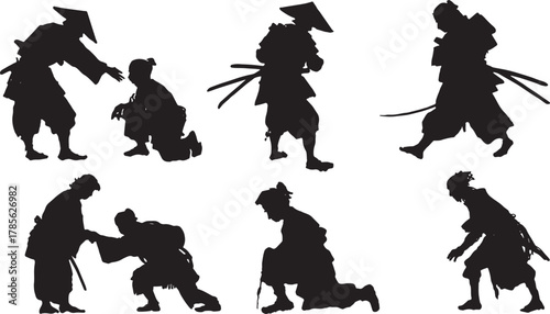 Benevolent Samurai Helping Villager Silhouette Set