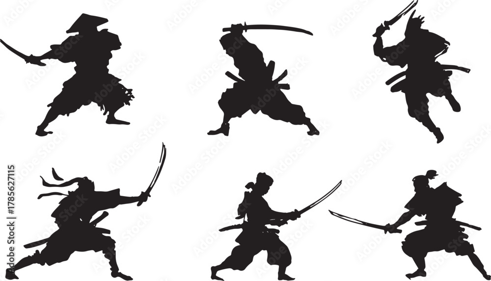 Fototapeta premium Dynamic Samurai Combat Action Silhouette Set