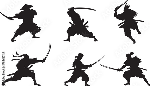 Dynamic Samurai Combat Action Silhouette Set