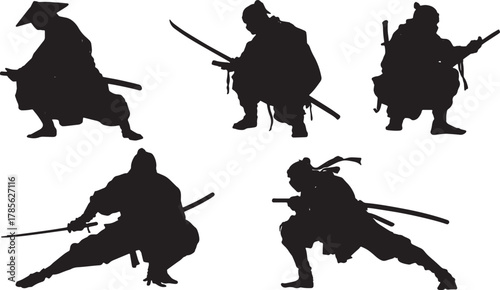 Crouching and Stealthy Samurai Silhouette Set