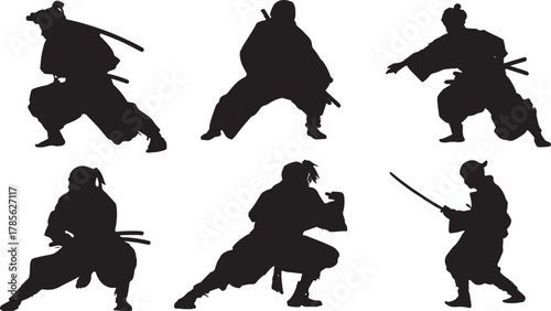 Crouching and Stealthy Samurai Silhouette Set