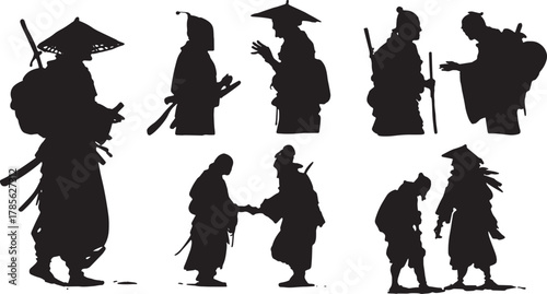 Samurai Protecting Villagers Silhouette Set