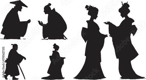 Samurai and Geisha Interaction Silhouette Set