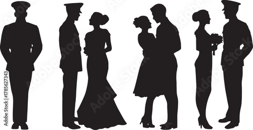 Military Groom in Uniform with Bride Silhouette Set