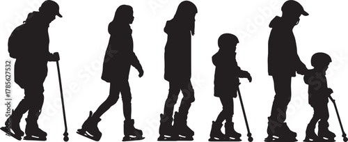Family Ice Skating with Training Aids Silhouette