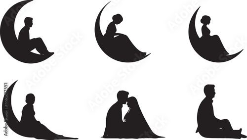Wedding Couple on Crescent Moon Silhouette Set