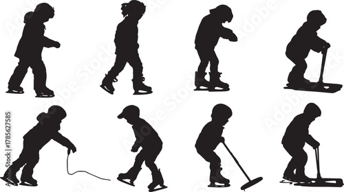 Children Learning to Ice Skate Silhouette Set