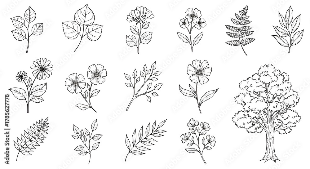 Fototapeta premium Flower brush hand drawn vector set. Hand drawn doodle flower, floral leaf elements in brush stroke ink style. Simple abstract botanical silhouette set for nature black paint art.