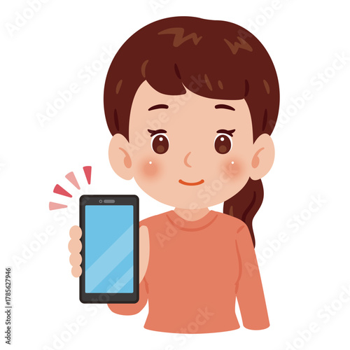 スマートフォンの画面を見せる女性　上半身イラスト／Upper Body Illustration of Woman Showing Smartphone Screen.