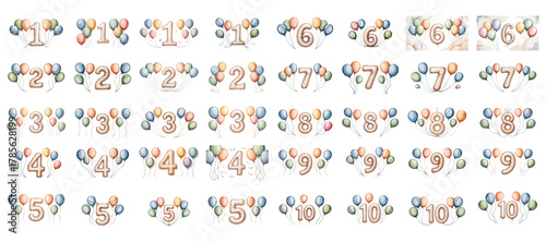 Watercolor birthday numbers with balloons decoration illustration
