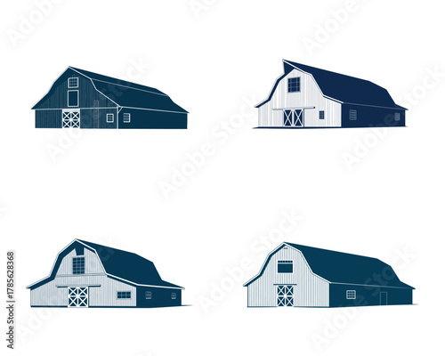 Blue barn farm building illustration on white background
