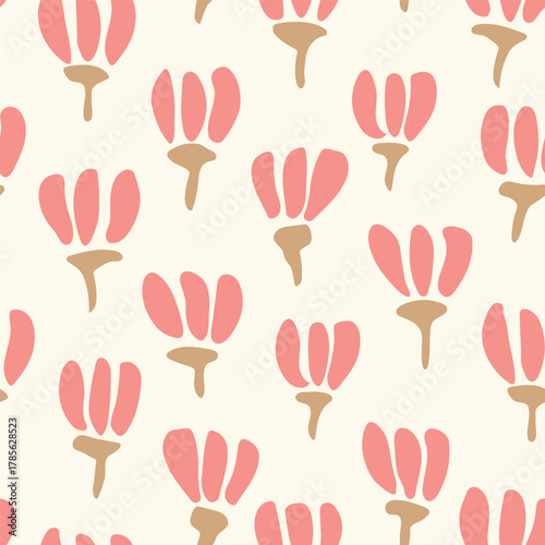 Hand painted lotus flowers and stems in a minimalist playful floral pattern in colors of pink and brown on beige background. Botanical seamless vector pattern. Great for home decor, fabric, wallpaper.