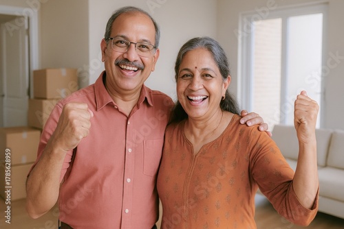 Indian man and woman celebrate success in their new home, showcasing happy couple achievement and a sense of accomplishment during a moving day.