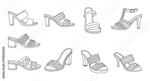 a variety of elegant high heel shoes displayed in neat rows, isolated on white background 