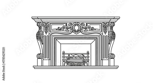 an ornate fireplace design with intricate carvings and decorative elements, isolated on white background 
