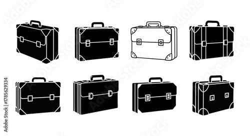 a collection of eight identical briefcases arranged neatly in two rows, isolated on white background 