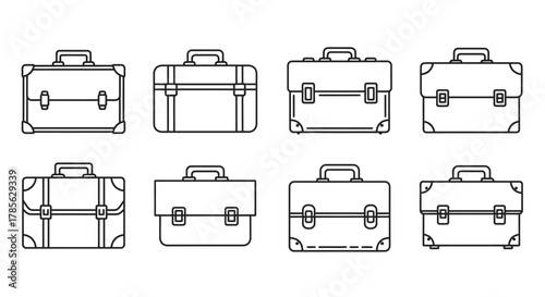 eight briefcases arranged neatly in two rows four columns, isolated on white background 