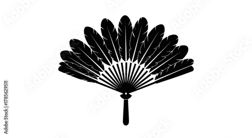 a delicate black feather fan with intricate design and elegant handle, isolated on white background 