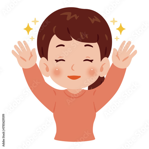 両手を上げて万歳する笑顔の女性　上半身イラスト／ Upper Body Illustration of Smiling Woman Raising Both Hands in Victory