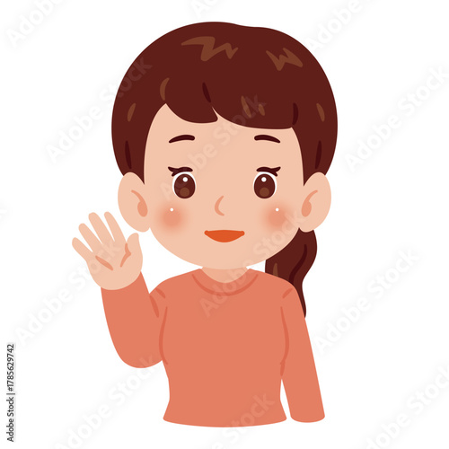 片手を上げて挨拶する女性　上半身イラスト／Upper Body Illustration of Woman Waving One Hand in Greeting