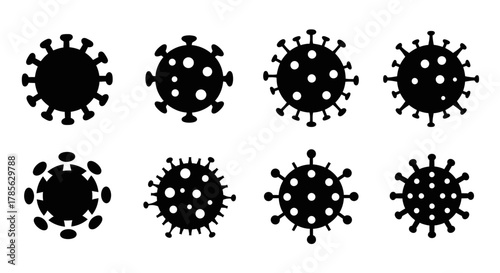 virus models displayed in grid formation showing various stages of viral structure, isolated on white background 