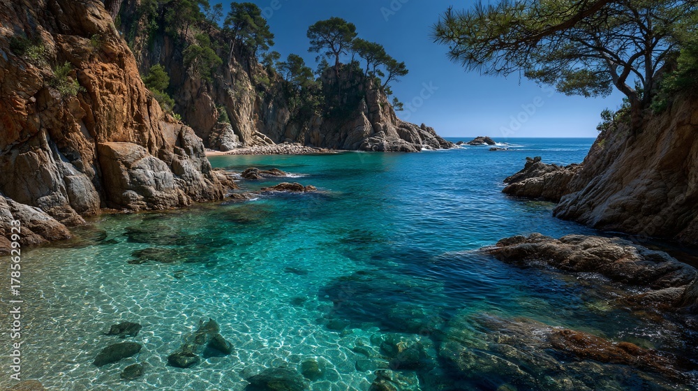 Fototapeta premium Scenic coastal bay with turquoise clear water, rocky cliffs, pine trees and peaceful summer atmosphere