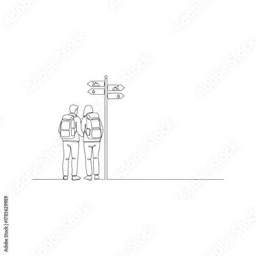 Continuous one line drawing of a hiker couple with backpacks looking at a direction signpost, travel and choice concept.
