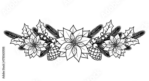 a festive black and white floral arrangement with pinecones holly leaves and poinsettia flowers, isolated on white background 