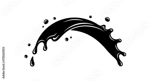a dynamic splash of black liquid captured mid air with droplets surrounding, isolated on white background 