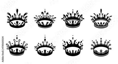 a series of black crown designs with unique splatter effects, isolated on white background 