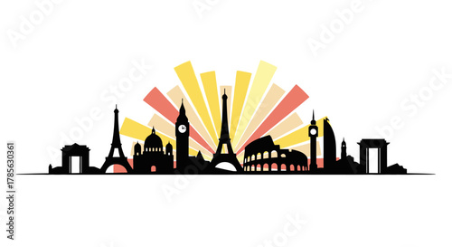 Canvas Print city skyline with iconic landmarks and colorful sunburst, isolated on white back